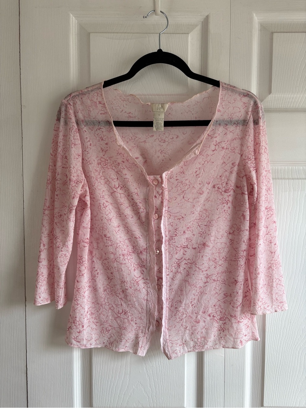 VNTG USA J.Jill Piped Knit Printed Floral Top‎ Blouse Baby Pink Button S Preppy